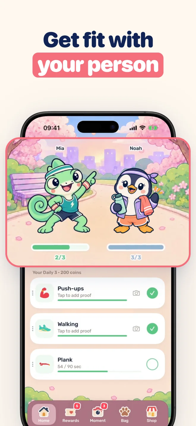 Get fit with your person: both partners' mascots on the home screen above today's three challenges