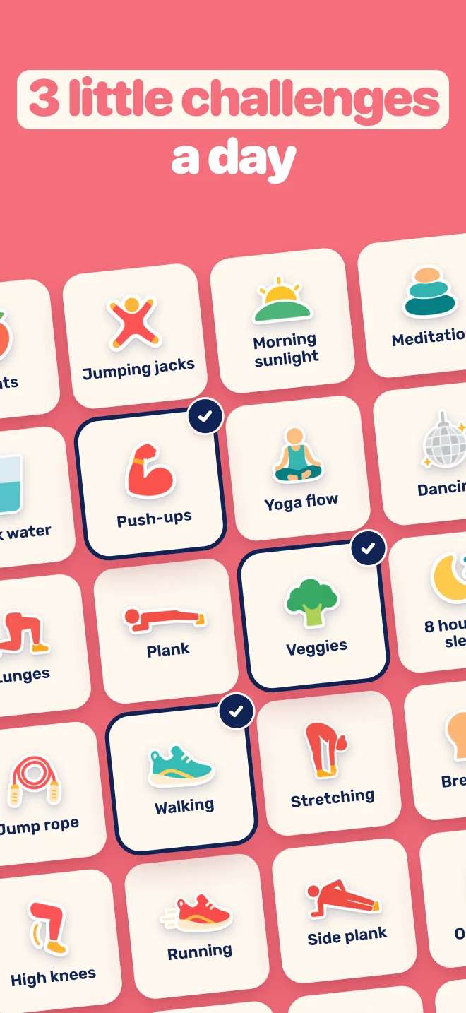 3 little challenges a day, picked from a wall of workouts and habits
